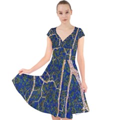 Green Leaves Blue Background Night Cap Sleeve Front Wrap Midi Dress