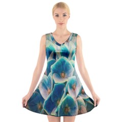 Hydrangeas Blossom Bloom Blue V-neck Sleeveless Dress by Nexatart