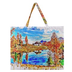 Lake Chalet Mountain Art Zipper Large Tote Bag by Nexatart