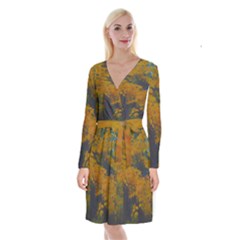 Yellow Fall Leaves And Branches Long Sleeve Velvet Front Wrap Dress