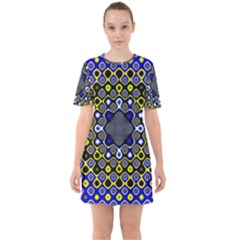 Digital Art Background Yellow Blue Sixties Short Sleeve Mini Dress by Sapixe