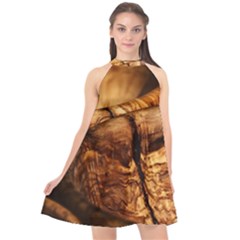 Olive Wood Wood Grain Structure Halter Neckline Chiffon Dress  by Sapixe