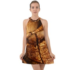 Olive Wood Wood Grain Structure Halter Tie Back Chiffon Dress