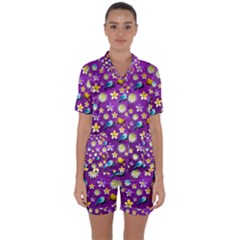 Default Floral Tissue Curtain Satin Short Sleeve Pyjamas Set by Sapixe