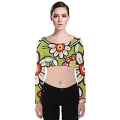 Flowers Fabrics Floral Design Velvet Long Sleeve Crop Top by Sapixe