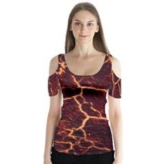 Lava Cracked Background Fire Butterfly Sleeve Cutout Tee 