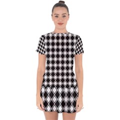 Square Diagonal Pattern Seamless Drop Hem Mini Chiffon Dress by Sapixe