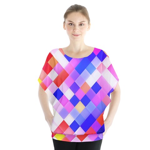 Squares Pattern Geometric Seamless Batwing Chiffon Blouse by Sapixe