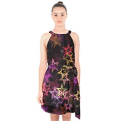 Stars Background Pattern Seamless Halter Collar Waist Tie Chiffon Dress