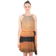 Sunset Nature Halter Collar Waist Tie Chiffon Dress