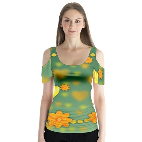 Background Design Texture Tulips Butterfly Sleeve Cutout Tee  by Sapixe