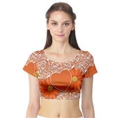 Flower Floral Heart Background Short Sleeve Crop Top by Sapixe