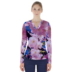 Flower Cherry Wood Tree Flowers V-neck Long Sleeve Top by Sapixe