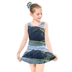 Panoramic Nature Mountain Water Kids  Skater Dress Swimsuit