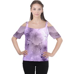 Wonderful Flowers In Soft Violet Colors Cutout Shoulder Tee
