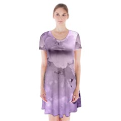 Wonderful Flowers In Soft Violet Colors Short Sleeve V-neck Flare Dress