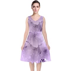 Wonderful Flowers In Soft Violet Colors V-Neck Midi Sleeveless Dress 