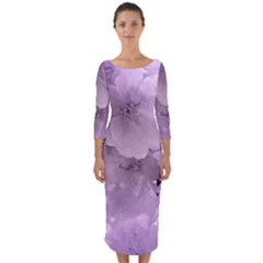 Wonderful Flowers In Soft Violet Colors Quarter Sleeve Midi Bodycon Dress