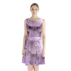 Wonderful Flowers In Soft Violet Colors Sleeveless Waist Tie Chiffon Dress