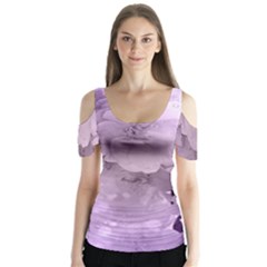 Wonderful Flowers In Soft Violet Colors Butterfly Sleeve Cutout Tee 