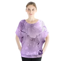 Wonderful Flowers In Soft Violet Colors Batwing Chiffon Blouse
