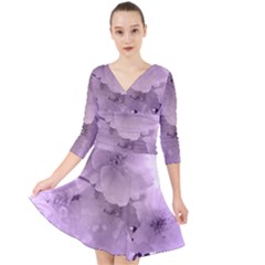 Wonderful Flowers In Soft Violet Colors Quarter Sleeve Front Wrap Dress