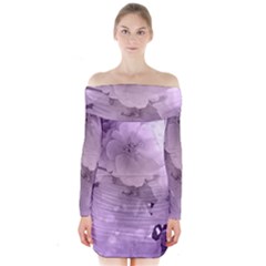Wonderful Flowers In Soft Violet Colors Long Sleeve Off Shoulder Dress