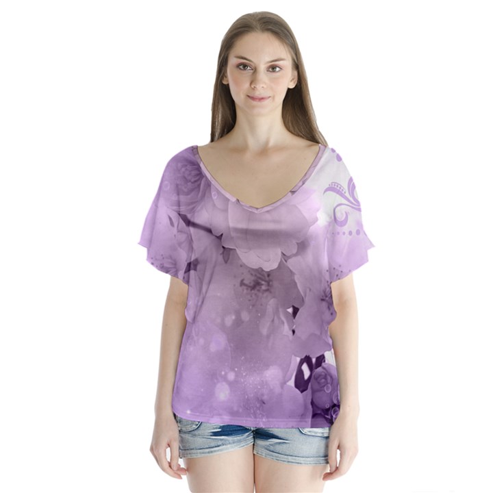 Wonderful Flowers In Soft Violet Colors V-Neck Flutter Sleeve Top