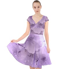 Wonderful Flowers In Soft Violet Colors Cap Sleeve Front Wrap Midi Dress