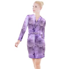 Wonderful Flowers In Soft Violet Colors Button Long Sleeve Dress
