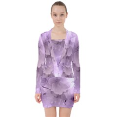 Wonderful Flowers In Soft Violet Colors V-neck Bodycon Long Sleeve Dress