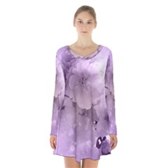 Wonderful Flowers In Soft Violet Colors Long Sleeve Velvet V-neck Dress