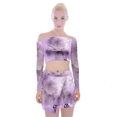 Wonderful Flowers In Soft Violet Colors Off Shoulder Top with Mini Skirt Set