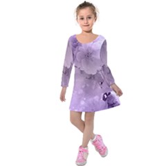 Wonderful Flowers In Soft Violet Colors Kids  Long Sleeve Velvet Dress