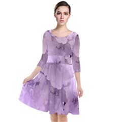 Wonderful Flowers In Soft Violet Colors Quarter Sleeve Waist Band Dress
