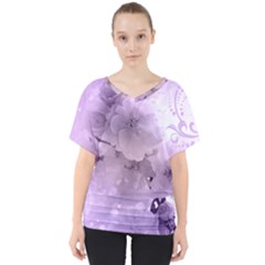 Wonderful Flowers In Soft Violet Colors V-Neck Dolman Drape Top
