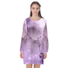 Wonderful Flowers In Soft Violet Colors Long Sleeve Chiffon Shift Dress 