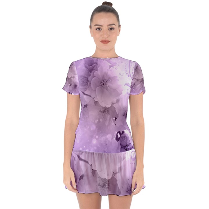 Wonderful Flowers In Soft Violet Colors Drop Hem Mini Chiffon Dress