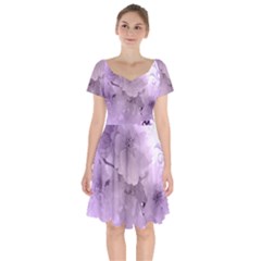 Wonderful Flowers In Soft Violet Colors Short Sleeve Bardot Dress