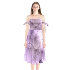 Wonderful Flowers In Soft Violet Colors Shoulder Tie Bardot Midi Dress