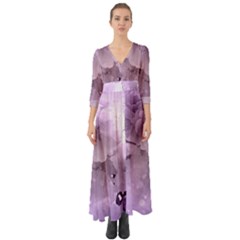 Wonderful Flowers In Soft Violet Colors Button Up Boho Maxi Dress
