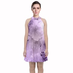 Wonderful Flowers In Soft Violet Colors Velvet Halter Neckline Dress 