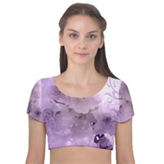 Wonderful Flowers In Soft Violet Colors Velvet Short Sleeve Crop Top 