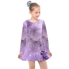 Wonderful Flowers In Soft Violet Colors Kids  Long Sleeve Dress