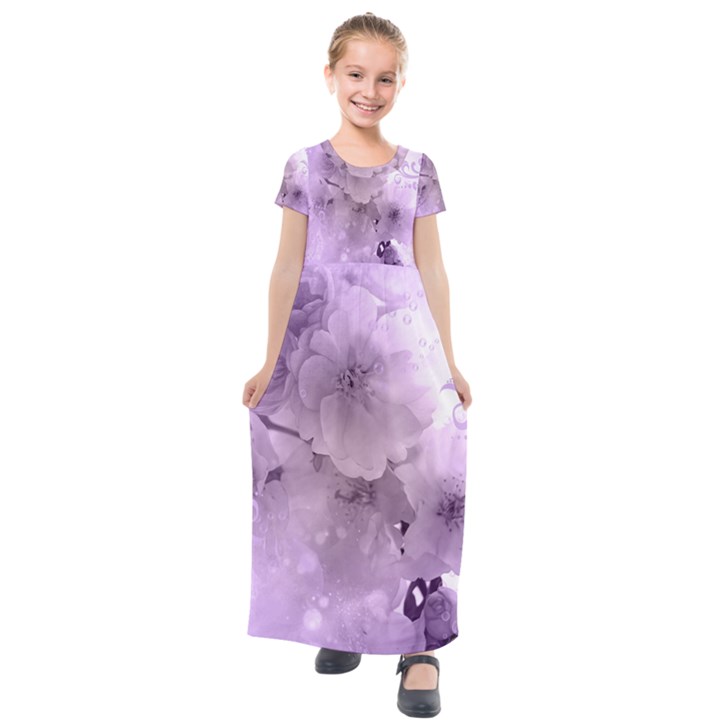 Wonderful Flowers In Soft Violet Colors Kids  Short Sleeve Maxi Dress