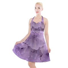Wonderful Flowers In Soft Violet Colors Halter Party Swing Dress 