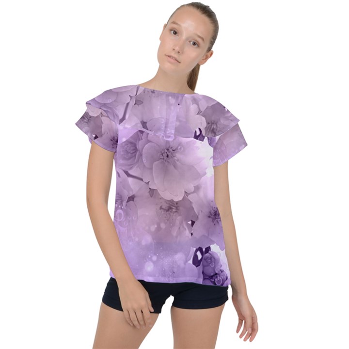 Wonderful Flowers In Soft Violet Colors Ruffle Collar Chiffon Blouse