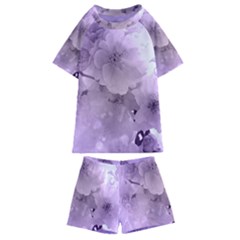 Wonderful Flowers In Soft Violet Colors Kids  Swim Tee and Shorts Set