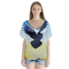 Sunset Owl V-neck Flutter Sleeve Top by lwdstudio