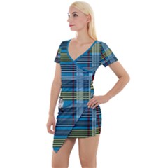 Playing With Plaid Kitten (blue) Pattern Short Sleeve Asymmetric Mini Dress